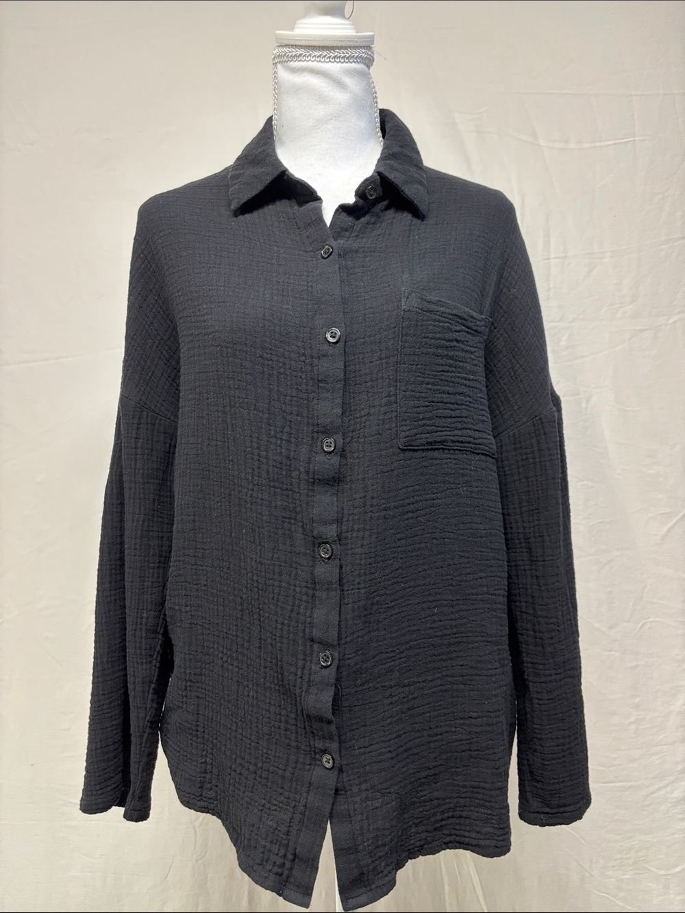 Tag Black Cotton Gauze Button-Up Blouse